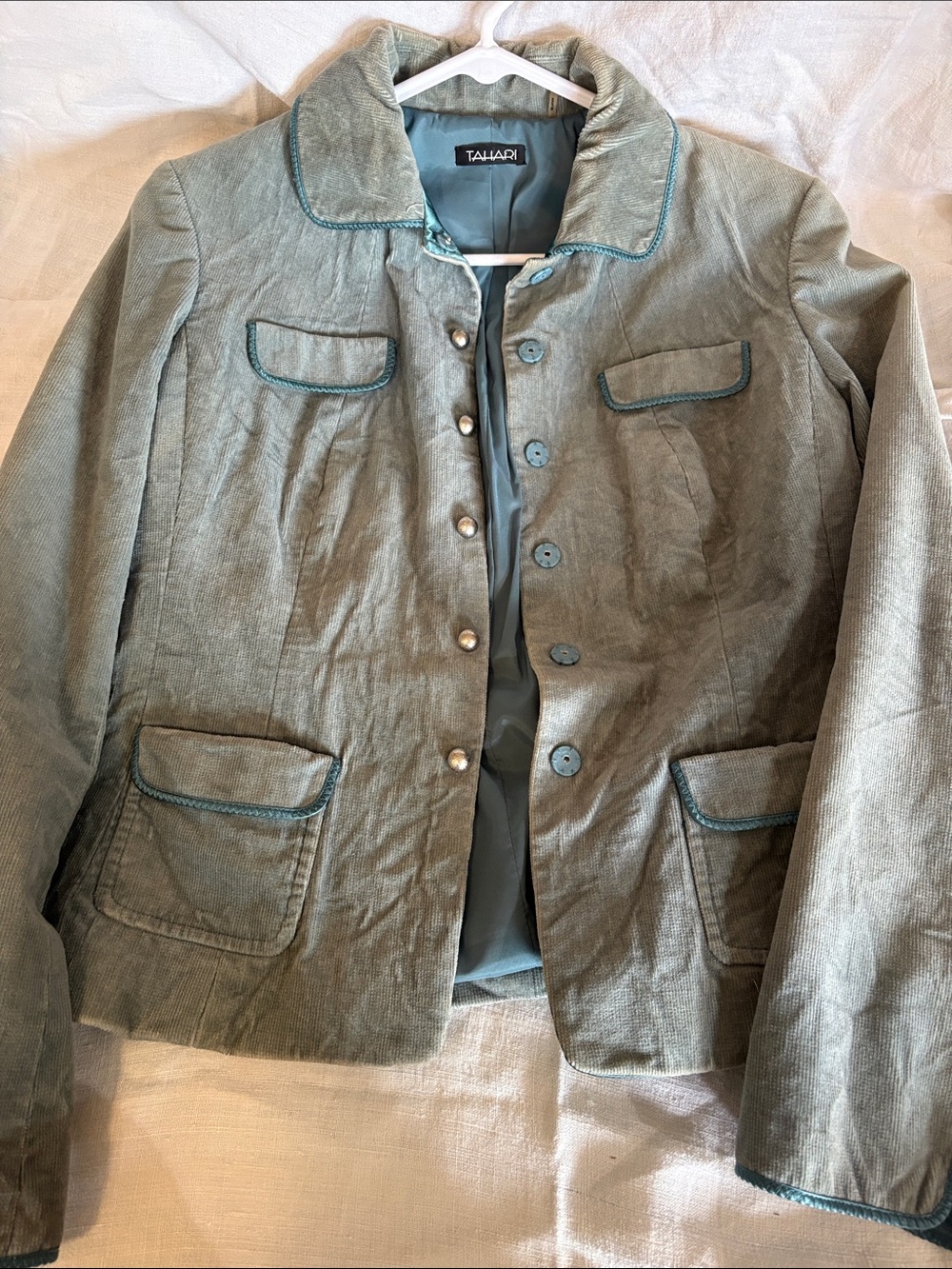 Tahari Light Sage Green Tailored Jacket with Teal Trim & Snap Closure Size 8